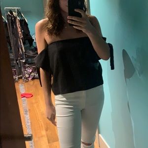 Black Off The Shoulder Tie Sleeved-Shirt